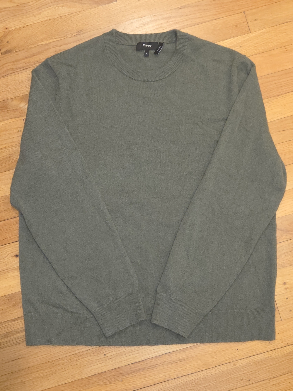 Theory Mens Large (L) Hilles Crew 100% Cashmere Pullover Sweater in Olive Green